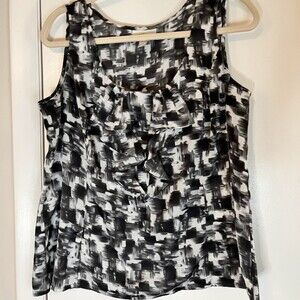 Loft Business Casual Ruffled White/Gray/Black Print Sleeveless Blouse Size XL